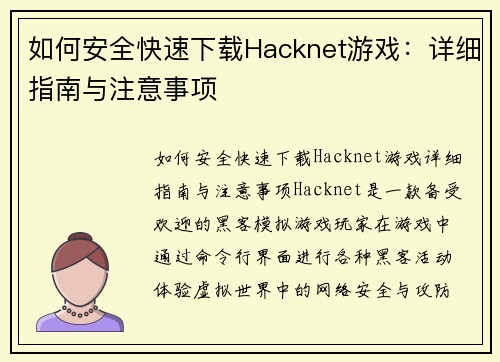 如何安全快速下载Hacknet游戏：详细指南与注意事项